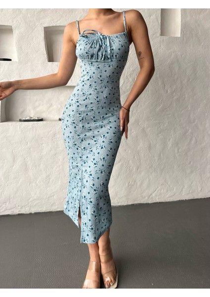 Açık Mavi Desenli Gofret Göğüs Bağlamalı Askılı Elbise fiyatları