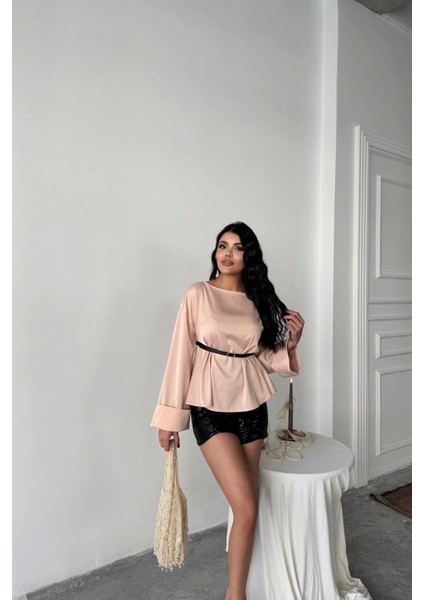 Kemer Detaylı Saten Bluz - Pembe