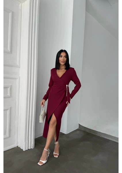 Kruvaze Broş Detaylı Elbise - Bordo