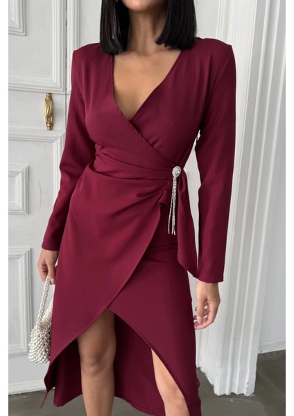 Kruvaze Broş Detaylı Elbise - Bordo