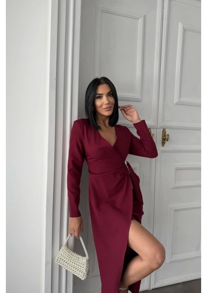 Kruvaze Broş Detaylı Elbise - Bordo