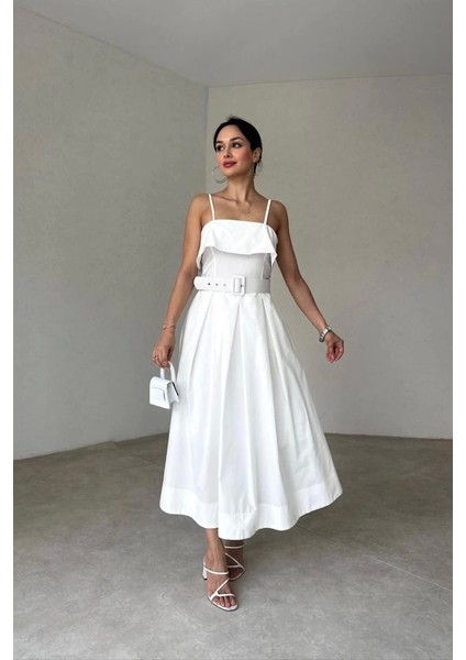 Beyaz Beli Kemerli Pileli Elbise