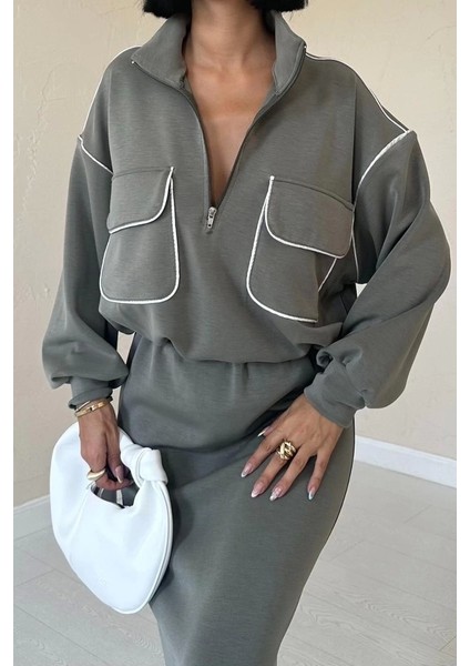 Haki Biyeli Sweatshirt ve Etek Takım