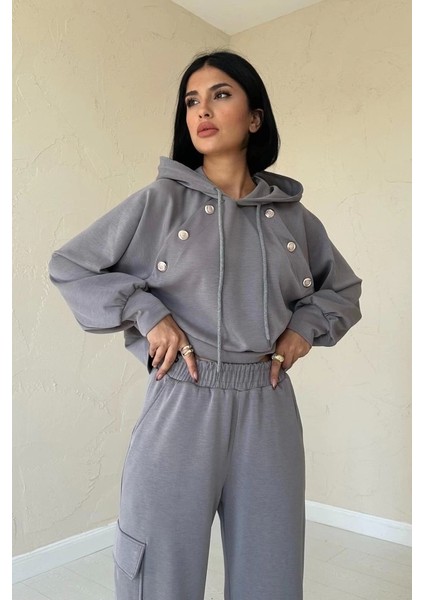 Füme Kapüşonlu Sweatshirt ve Kargo Pantolon Takım