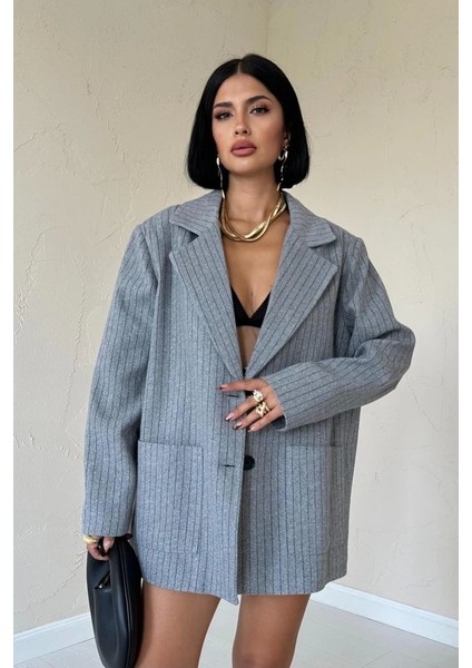 Gri Çizgili Oversize Ceket