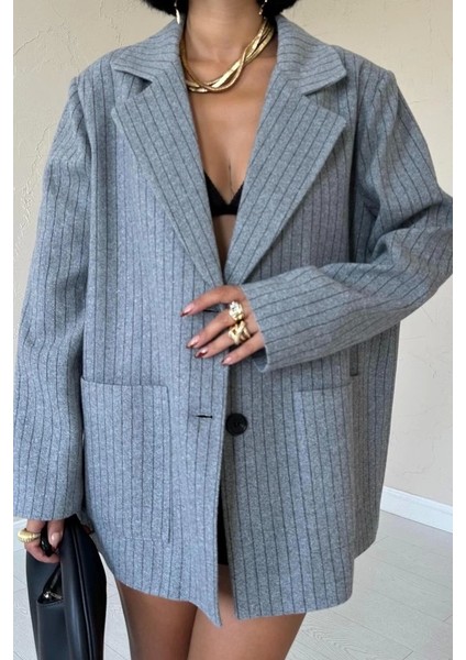 Gri Çizgili Oversize Ceket
