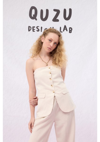 Düğmeli Straplez Keten Bluz Naturel