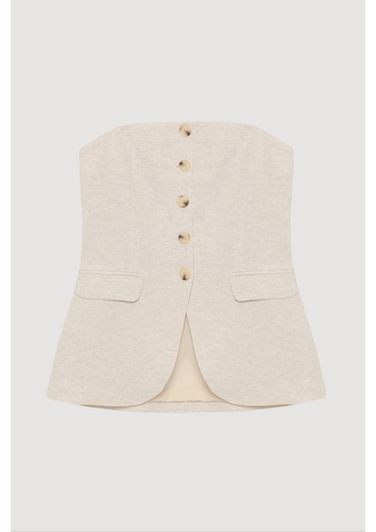 Düğmeli Straplez Keten Bluz Naturel fiyatları