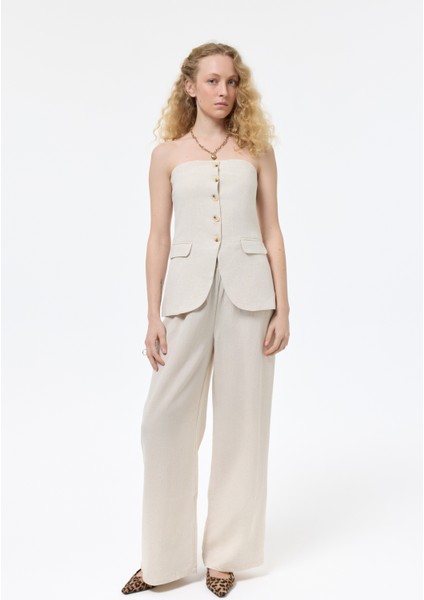 Düğmeli Straplez Keten Bluz Naturel modelleri