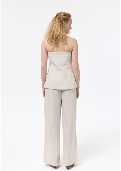 Düğmeli Straplez Keten Bluz Naturel indirimleri