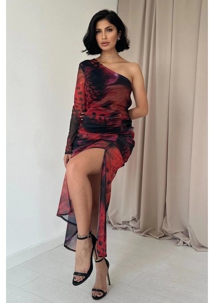 Kırmızı Tek Omuzlu Tül Elbise