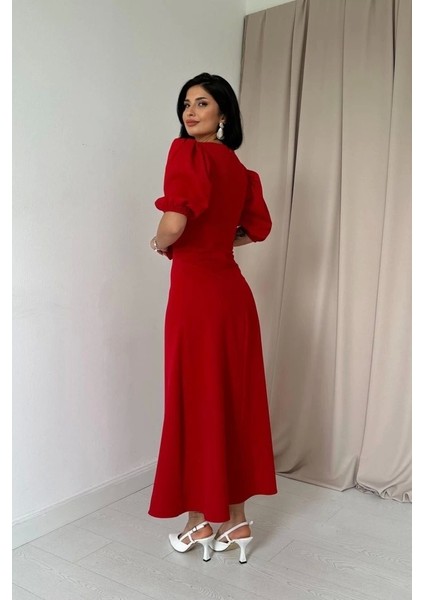Kırmızı Fiyonklu Midi Elbise