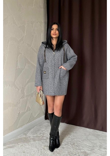 Gri Armalı Kapşonlu Peluş Ceket