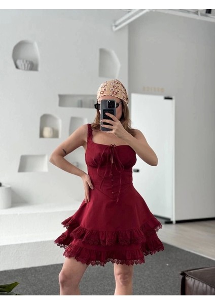Fırfırlı Askılı Mini Elbise - Bordo