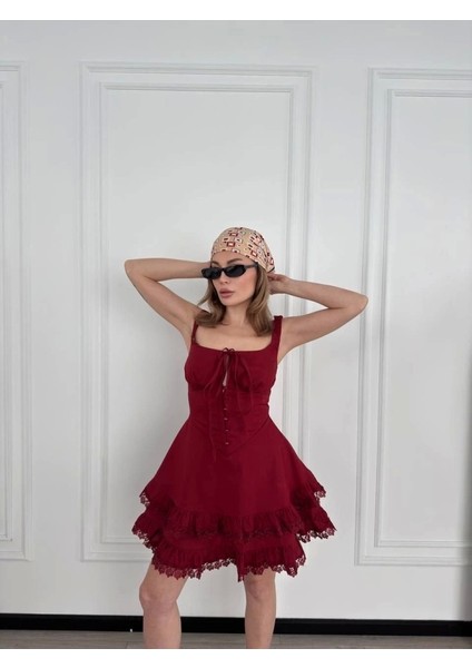 Fırfırlı Askılı Mini Elbise - Bordo