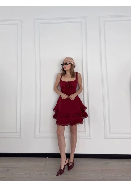 Fırfırlı Askılı Mini Elbise - Bordo