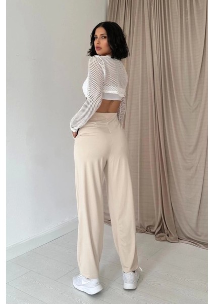 Bej Pensli Lastik Detaylı Pantolon