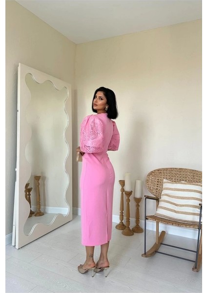 Pembe Incili Tül Detay Elbise