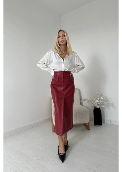 Bordo Yırtmaçlı Süs Patlı Etek