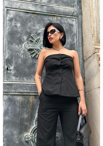 Siyah Straplez Düğmeli Crop ve Pantolon Takım