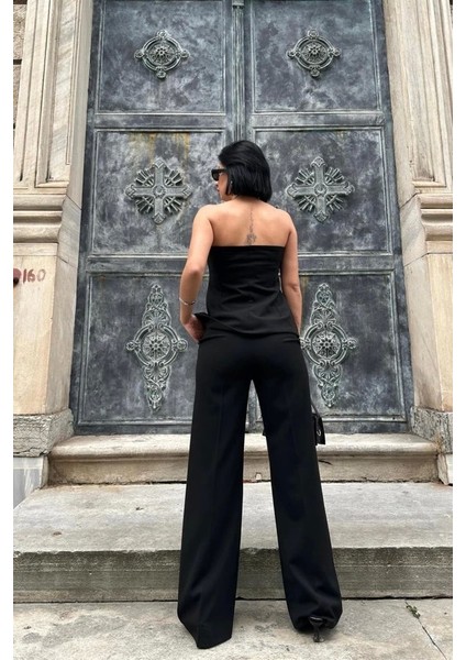 Siyah Straplez Düğmeli Crop ve Pantolon Takım