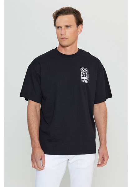 %100 Pamuk Oversize Fit Bol Kesim Bisiklet Yaka Baskılı Tişört