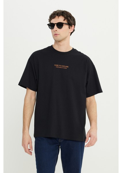 %100 Pamuk Oversize Fit Geniş Kesim Bisiklet Yaka Baskılı Tişört
