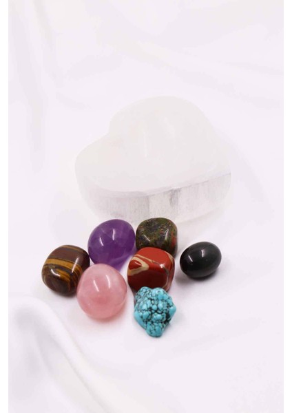 Selenit Taşı Kalp - Yıldız Kase Içerisinde Çakra Taşlarından Tamburlanmış/tımbıl Doğal Taş 7'li Set