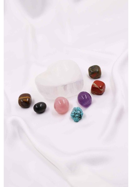 Selenit Taşı Kalp - Yıldız Kase Içerisinde Çakra Taşlarından Tamburlanmış/tımbıl Doğal Taş 7'li Set modelleri