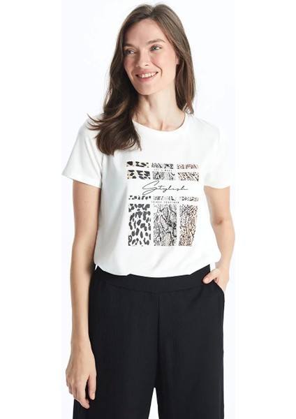 Classic Ekru Bisiklet Yaka Baskılı Kısa Kollu Kadın Tişört fiyatları