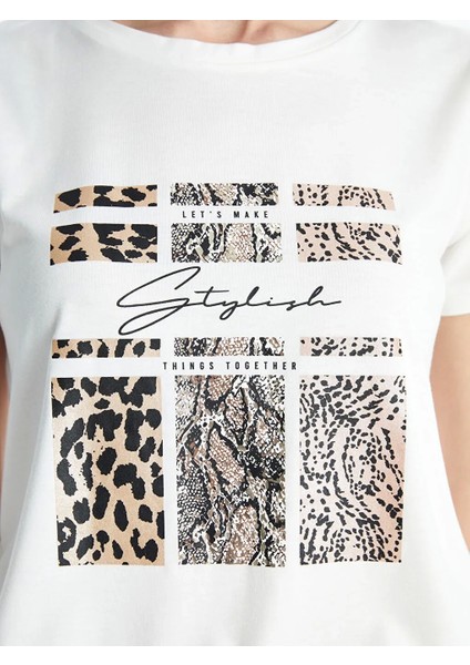 Classic Ekru Bisiklet Yaka Baskılı Kısa Kollu Kadın Tişört modelleri