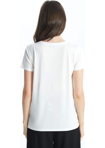 Classic Ekru Bisiklet Yaka Baskılı Kısa Kollu Kadın Tişört fırsatları