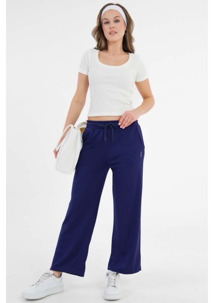 Lacivert Yüksek Bel Beli Lastikli Bağcıklı Wide Leg Basic Eşofman Alt fiyatları