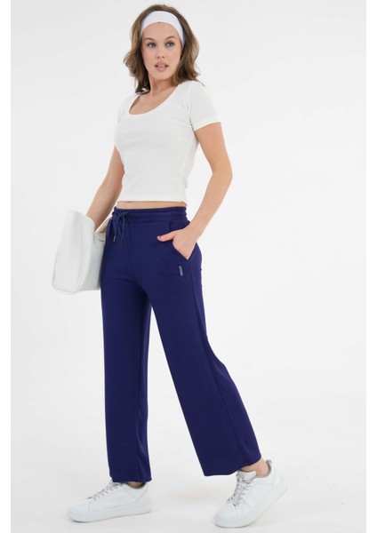 Lacivert Yüksek Bel Beli Lastikli Bağcıklı Wide Leg Basic Eşofman Alt modelleri