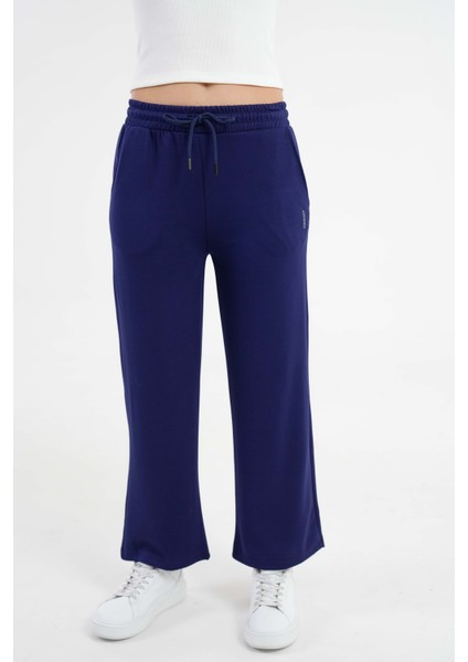 Lacivert Yüksek Bel Beli Lastikli Bağcıklı Wide Leg Basic Eşofman Alt fırsatları