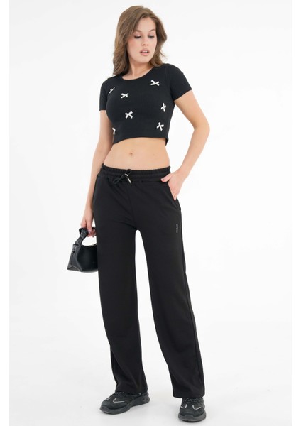 Siyah Yüksek Bel Beli Lastikli Bağcıklı Wide Leg Basic Eşofman Alt