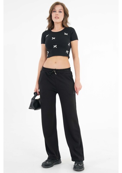 Siyah Yüksek Bel Beli Lastikli Bağcıklı Wide Leg Basic Eşofman Alt fiyatları