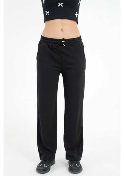Siyah Yüksek Bel Beli Lastikli Bağcıklı Wide Leg Basic Eşofman Alt modelleri