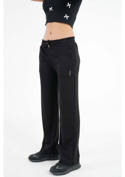 Siyah Yüksek Bel Beli Lastikli Bağcıklı Wide Leg Basic Eşofman Alt fırsatları