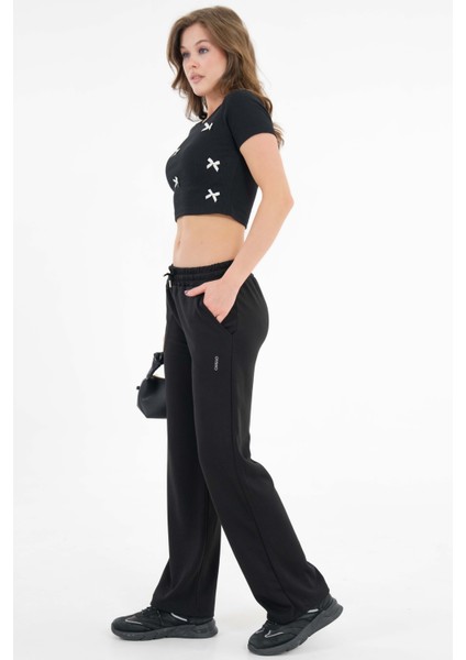 Siyah Yüksek Bel Beli Lastikli Bağcıklı Wide Leg Basic Eşofman Alt indirimleri