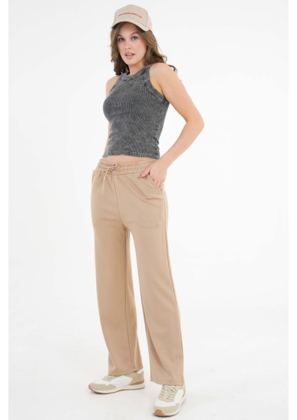 Vizon Yüksek Bel Beli Lastikli Bağcıklı Wide Leg Basic Eşofman Alt