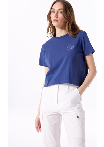 Bisiklet Yaka Baskılı Lacivert Kadın T-Shirt J5SL-TST7886 modelleri