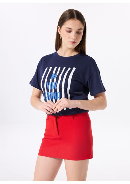 Bisiklet Yaka Baskılı Lacivert Kadın T-Shirt F5SL-TST0436