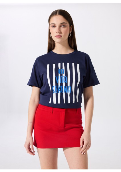 Bisiklet Yaka Baskılı Lacivert Kadın T-Shirt F5SL-TST0436