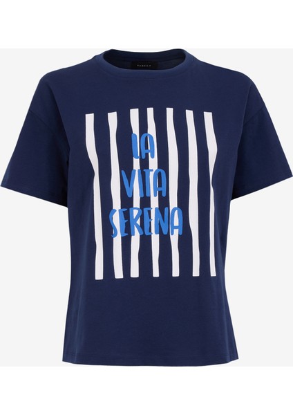 Bisiklet Yaka Baskılı Lacivert Kadın T-Shirt F5SL-TST0436