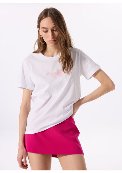 Bisiklet Yaka Baskılı Beyaz Kadın T-Shirt M5SL-TST1861