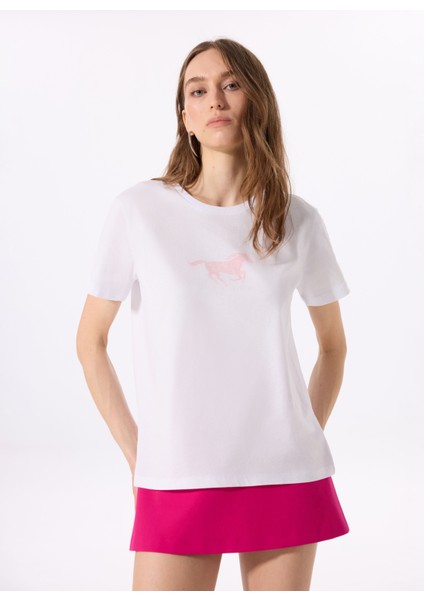 Bisiklet Yaka Baskılı Beyaz Kadın T-Shirt M5SL-TST1861 fiyatları