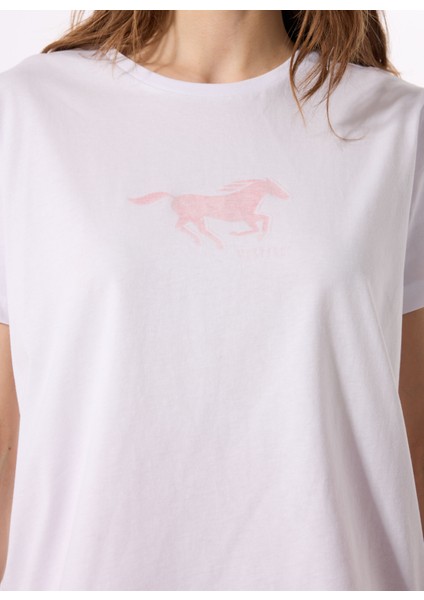 Bisiklet Yaka Baskılı Beyaz Kadın T-Shirt M5SL-TST1861 fırsatları