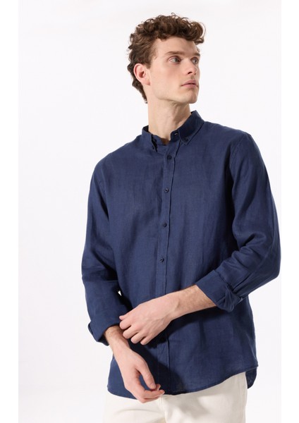 Lacivert Erkek Düğmeli Regular Fit %100 Keten Gömlek F5SM-GML 2767