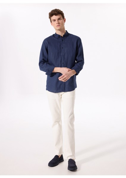 Lacivert Erkek Düğmeli Regular Fit %100 Keten Gömlek F5SM-GML 2767